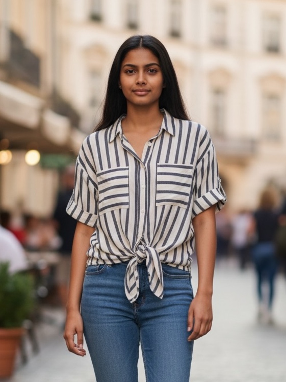 Velvet Heart Womens Small Striped Button Down Tie Front Blouse Blue White